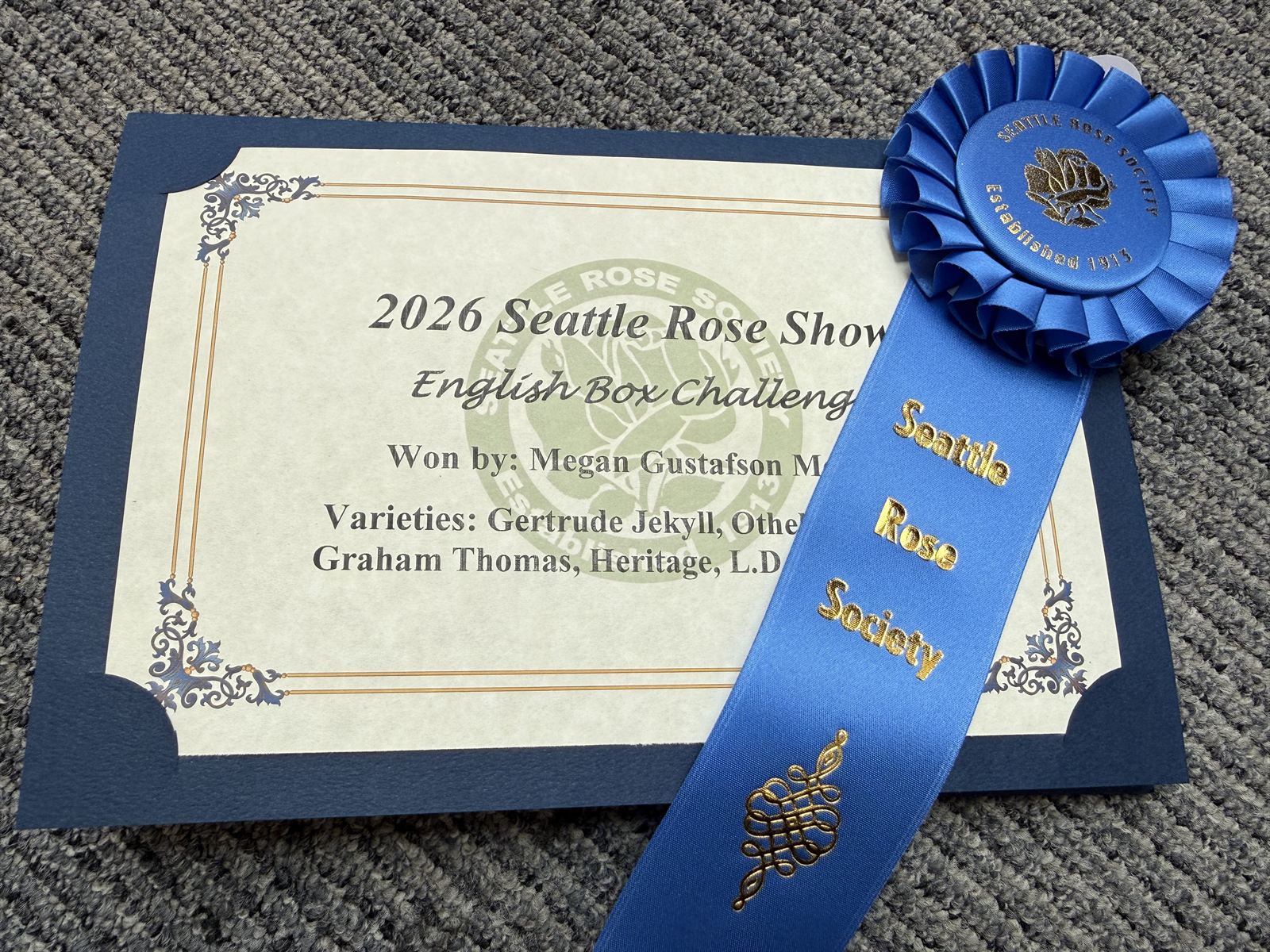 2026 Seattle Rose Show English Box Challenge first-place certificate